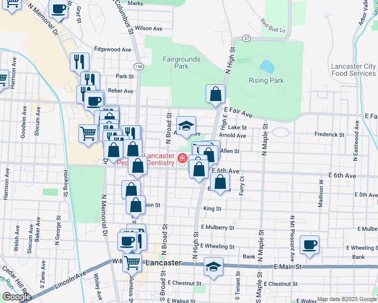 map of restaurants, bars, coffee shops, grocery stores, and more near 712 North Broad Street in Lancaster