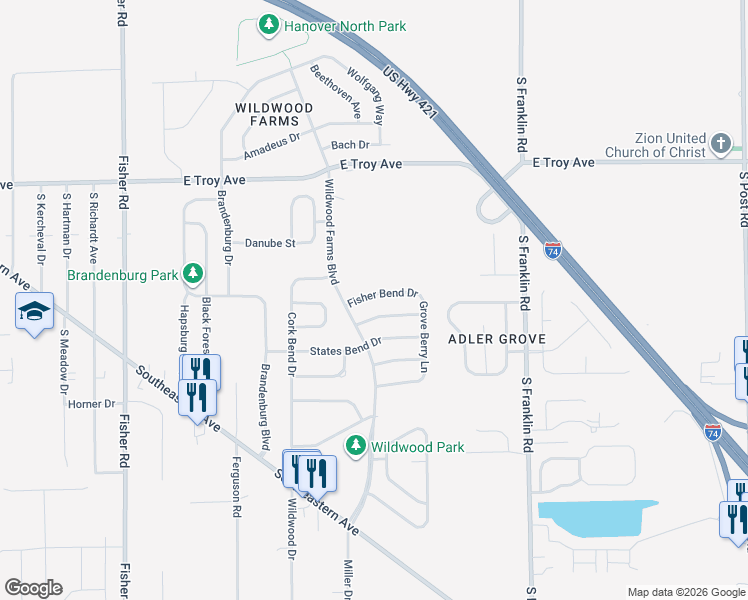 map of restaurants, bars, coffee shops, grocery stores, and more near 8018 Fisher Bend Drive in Indianapolis