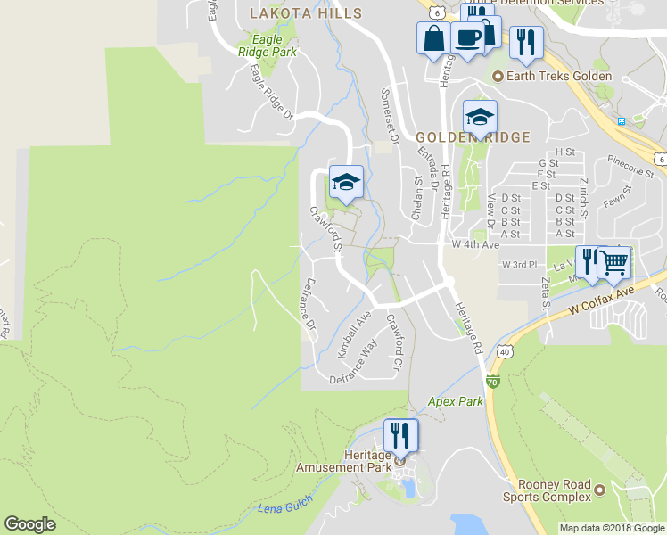 map of restaurants, bars, coffee shops, grocery stores, and more near 404 Crawford Street in Golden