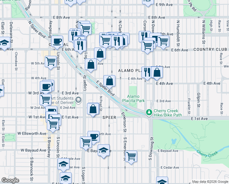 map of restaurants, bars, coffee shops, grocery stores, and more near 321 North Washington Street in Denver