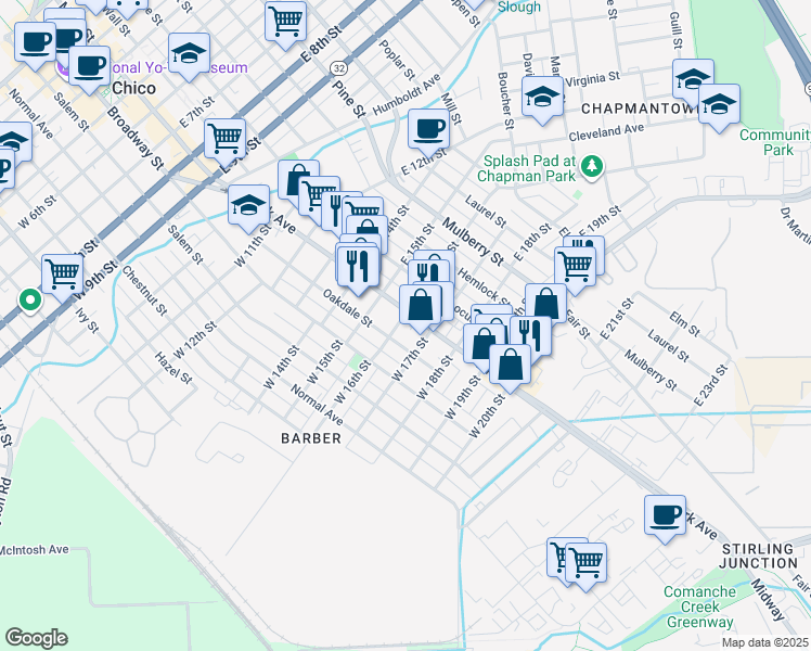 map of restaurants, bars, coffee shops, grocery stores, and more near 107 West 16th Street in Chico