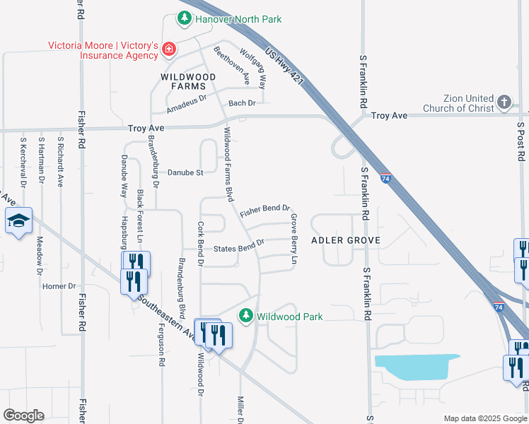 map of restaurants, bars, coffee shops, grocery stores, and more near 8110 Fisher Bend Drive in Indianapolis