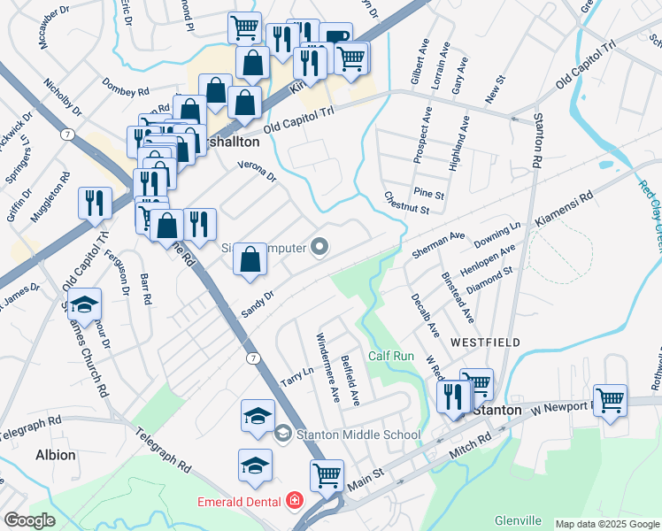map of restaurants, bars, coffee shops, grocery stores, and more near 4429 Sandy Drive in Wilmington