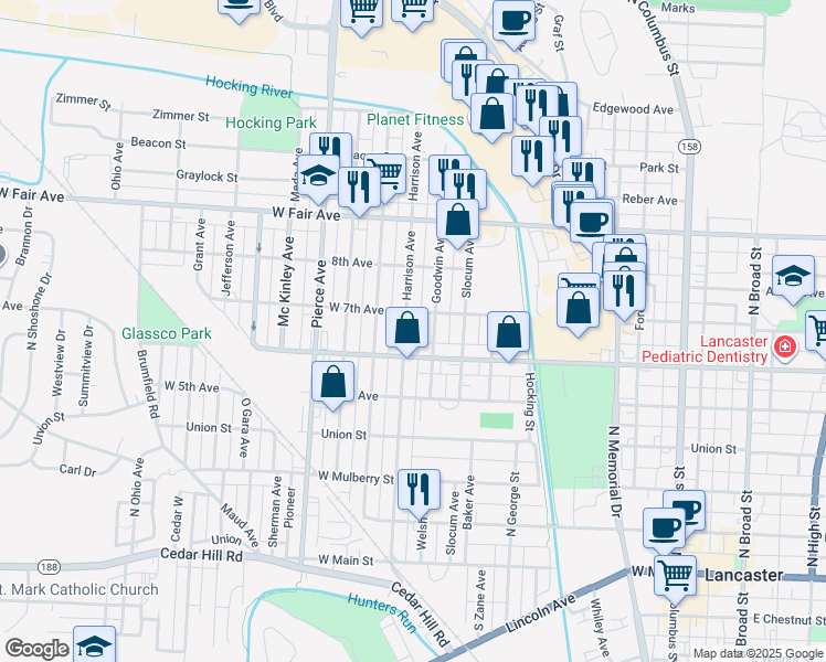 map of restaurants, bars, coffee shops, grocery stores, and more near 641 Harrison Avenue in Lancaster