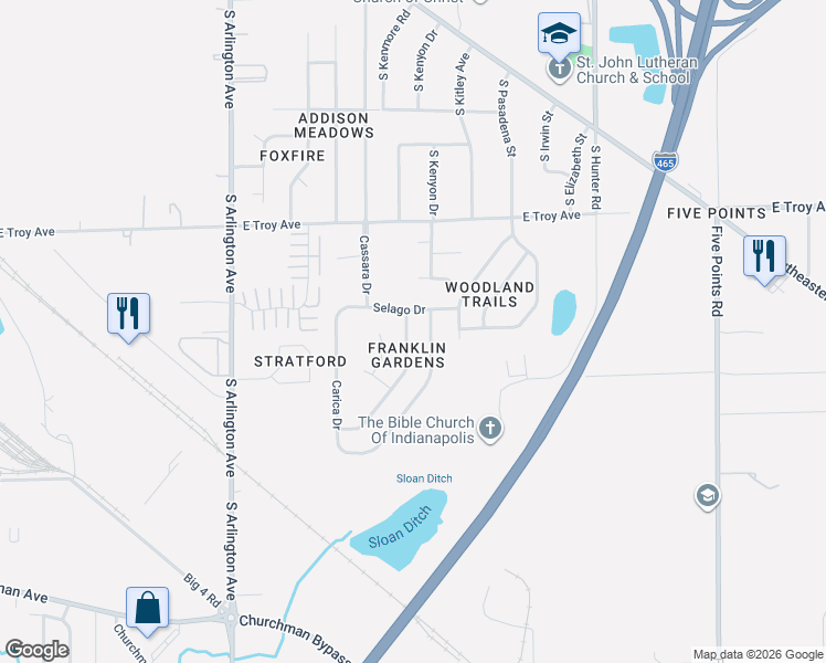 map of restaurants, bars, coffee shops, grocery stores, and more near 3205 Pavetto Lane in Indianapolis