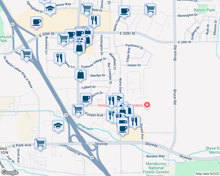 map of restaurants, bars, coffee shops, grocery stores, and more near 2225 Bar Triangle Street in Chico