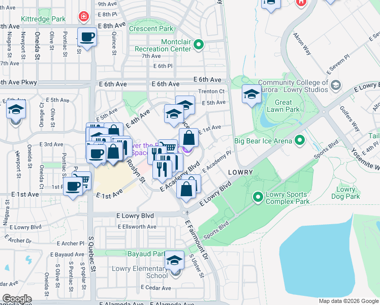 map of restaurants, bars, coffee shops, grocery stores, and more near 7711 East Academy Boulevard in Denver