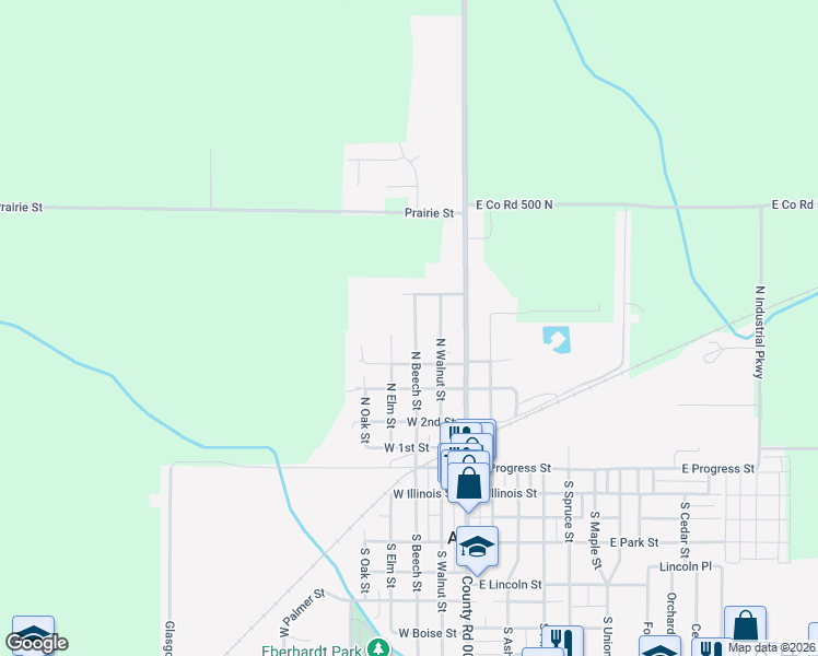 map of restaurants, bars, coffee shops, grocery stores, and more near 412 North Beech Street in Arthur