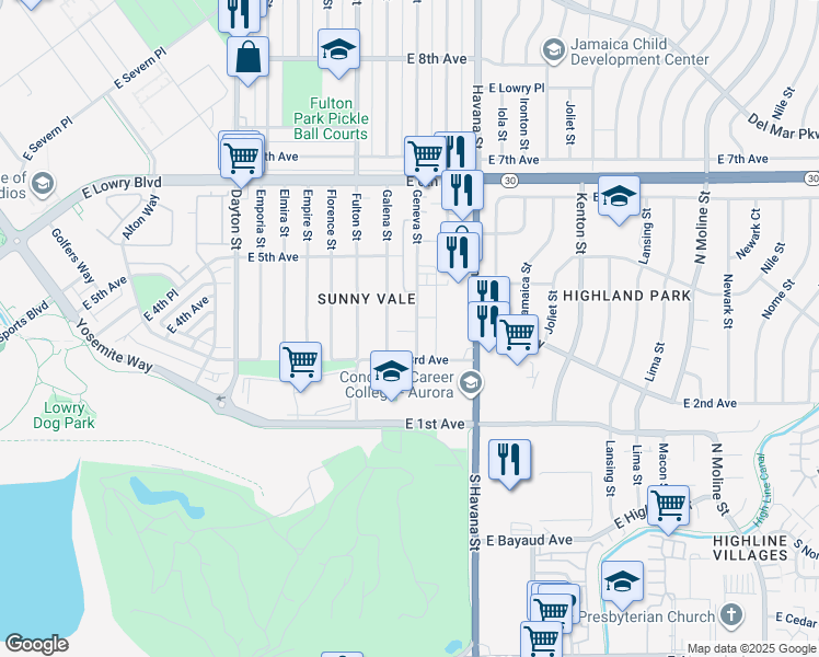 map of restaurants, bars, coffee shops, grocery stores, and more near 383 Geneva Street in Aurora