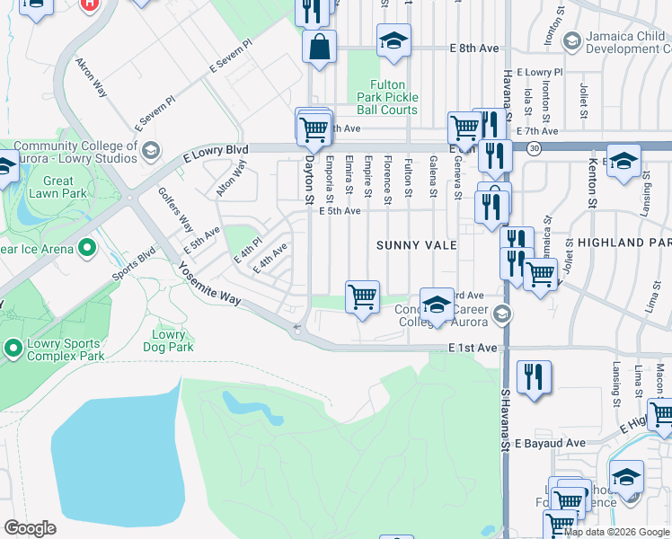 map of restaurants, bars, coffee shops, grocery stores, and more near 386 Emporia Street in Aurora