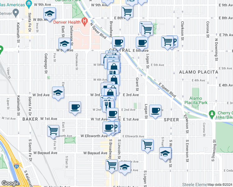 map of restaurants, bars, coffee shops, grocery stores, and more near 333 Lincoln Street in Denver