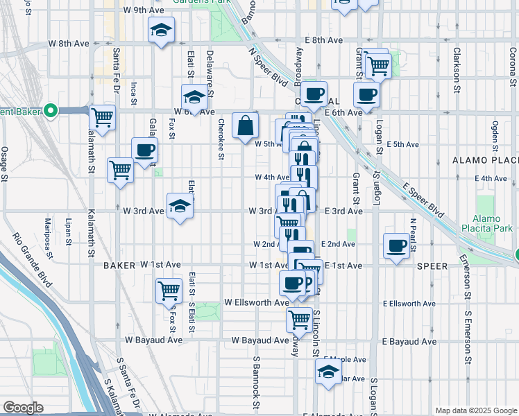 map of restaurants, bars, coffee shops, grocery stores, and more near 329 Acoma Street in Denver
