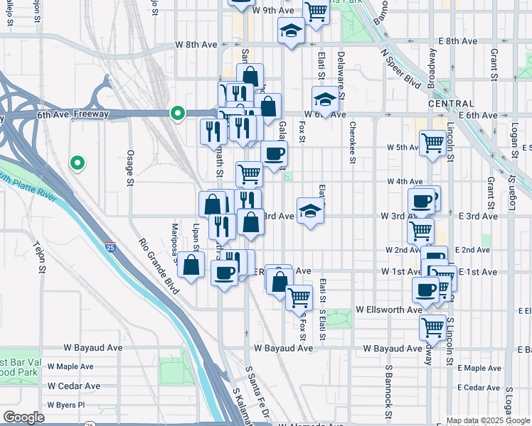 map of restaurants, bars, coffee shops, grocery stores, and more near 329 Galapago Street in Denver