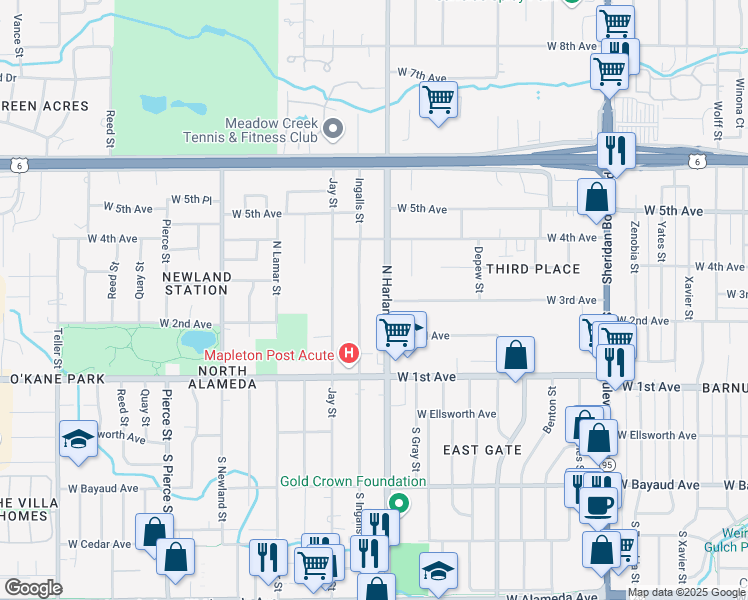 map of restaurants, bars, coffee shops, grocery stores, and more near 319 North Harlan Street in Lakewood