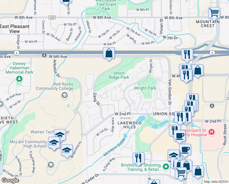 map of restaurants, bars, coffee shops, grocery stores, and more near 341 Wright Street in Lakewood