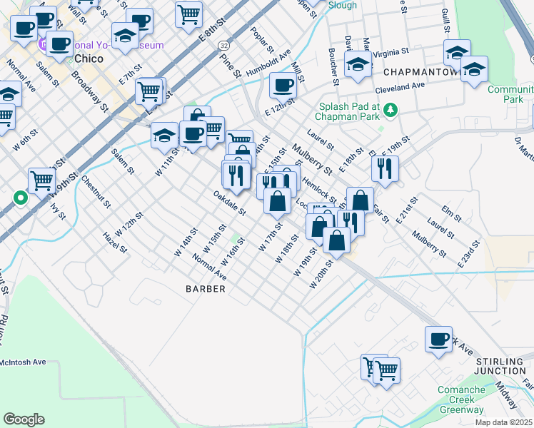 map of restaurants, bars, coffee shops, grocery stores, and more near 1607 Park Avenue in Chico