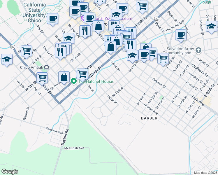 map of restaurants, bars, coffee shops, grocery stores, and more near 1014 Chestnut Street in Chico