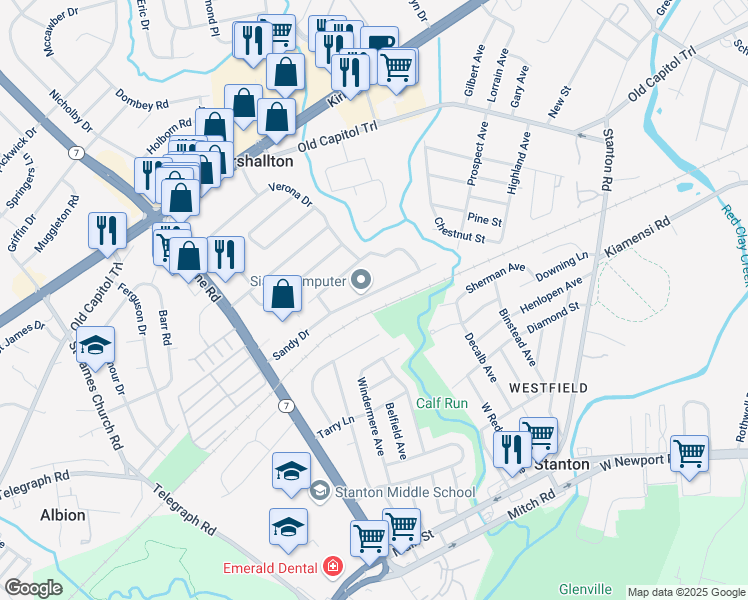 map of restaurants, bars, coffee shops, grocery stores, and more near 4429 Sandy Drive in Wilmington