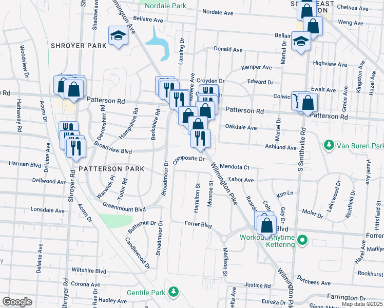 map of restaurants, bars, coffee shops, grocery stores, and more near 1429 Wilmington Avenue in Dayton
