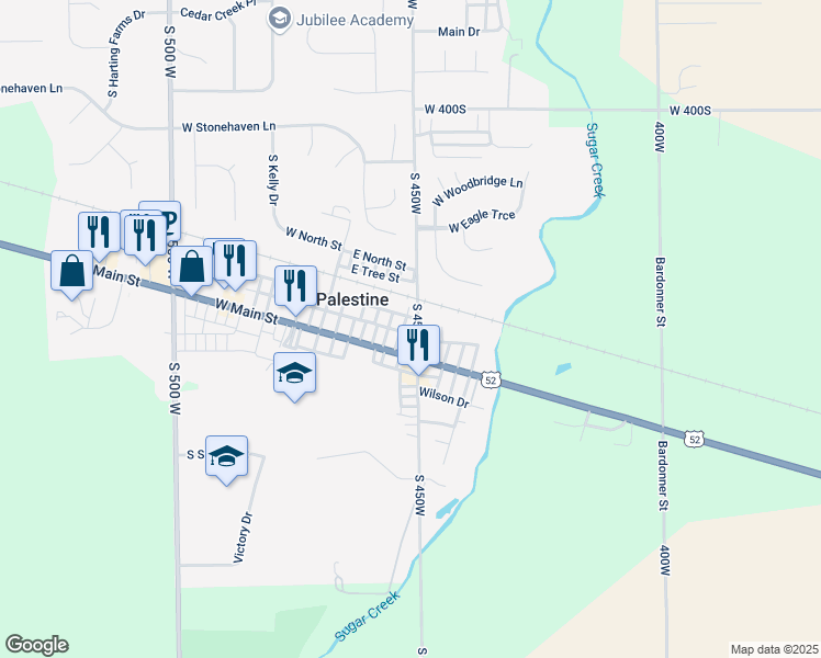 map of restaurants, bars, coffee shops, grocery stores, and more near 21 North Bittner Road in New Palestine