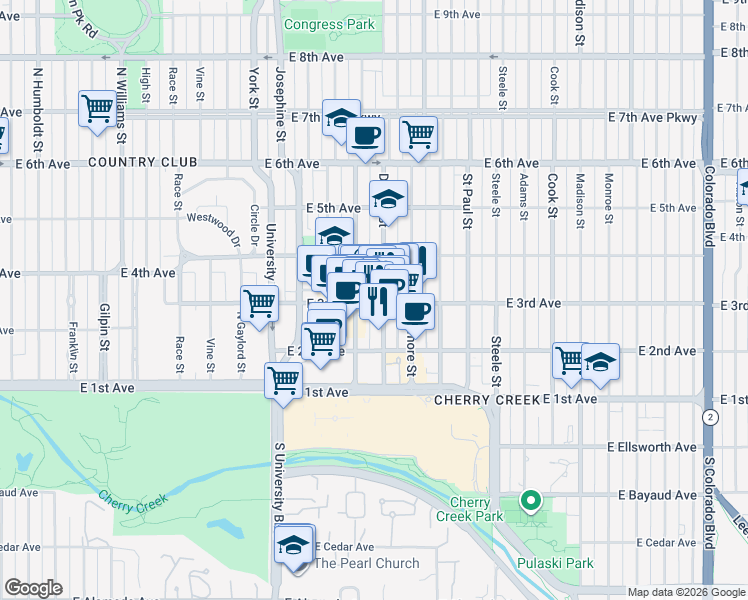 map of restaurants, bars, coffee shops, grocery stores, and more near 329 Detroit Street in Denver