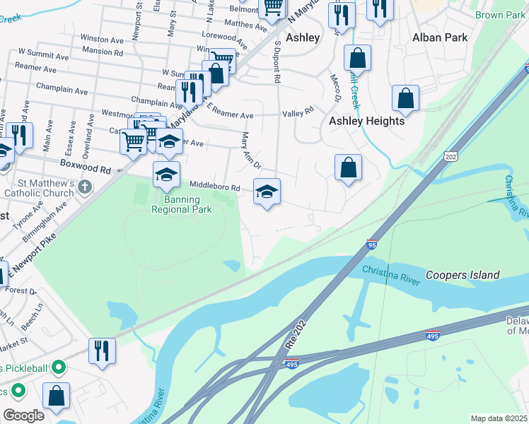 map of restaurants, bars, coffee shops, grocery stores, and more near 112A Middleboro Road in Wilmington