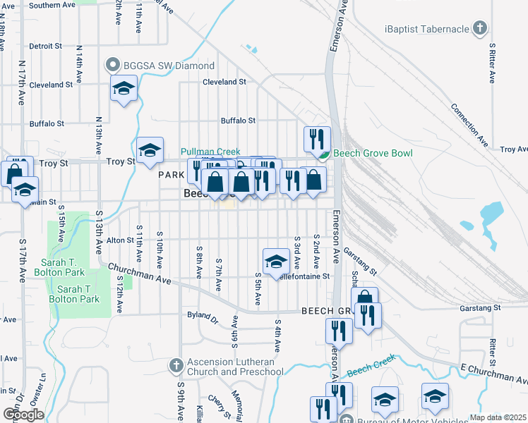 map of restaurants, bars, coffee shops, grocery stores, and more near 407 Main Street in Beech Grove