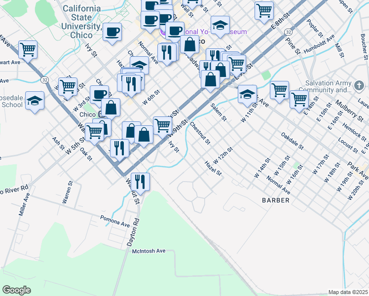 map of restaurants, bars, coffee shops, grocery stores, and more near 1017 Ivy Street in Chico