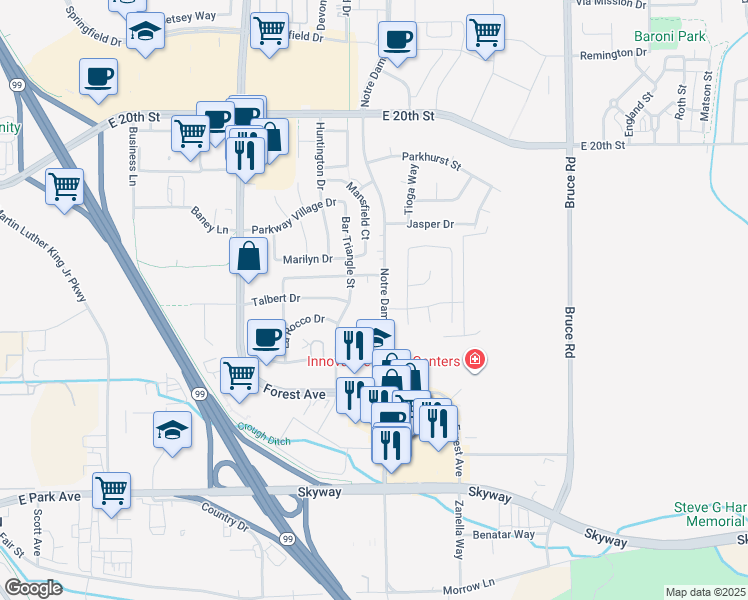 map of restaurants, bars, coffee shops, grocery stores, and more near 2320 Notre Dame Boulevard in Chico