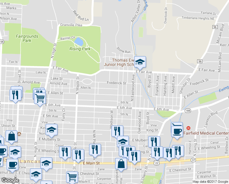 map of restaurants, bars, coffee shops, grocery stores, and more near 705 Madison Avenue in Lancaster