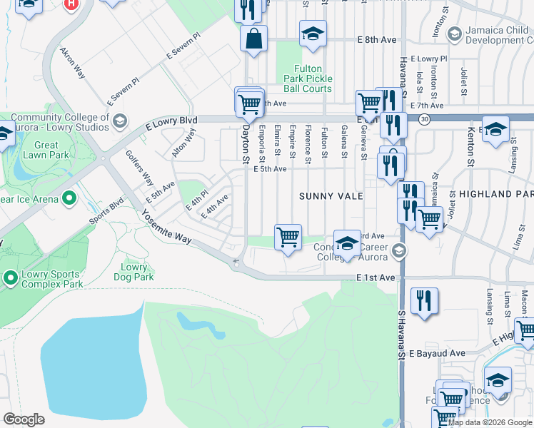 map of restaurants, bars, coffee shops, grocery stores, and more near 386 Emporia Street in Aurora