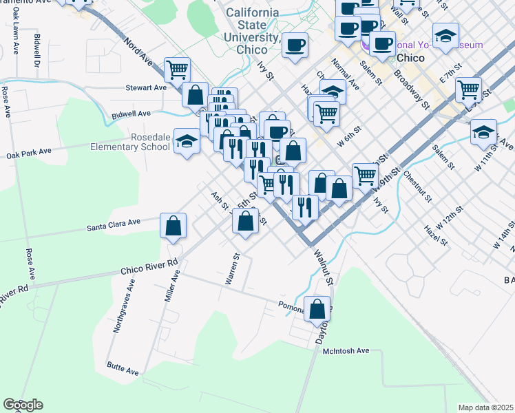 map of restaurants, bars, coffee shops, grocery stores, and more near 1141 West 5th Street in Chico