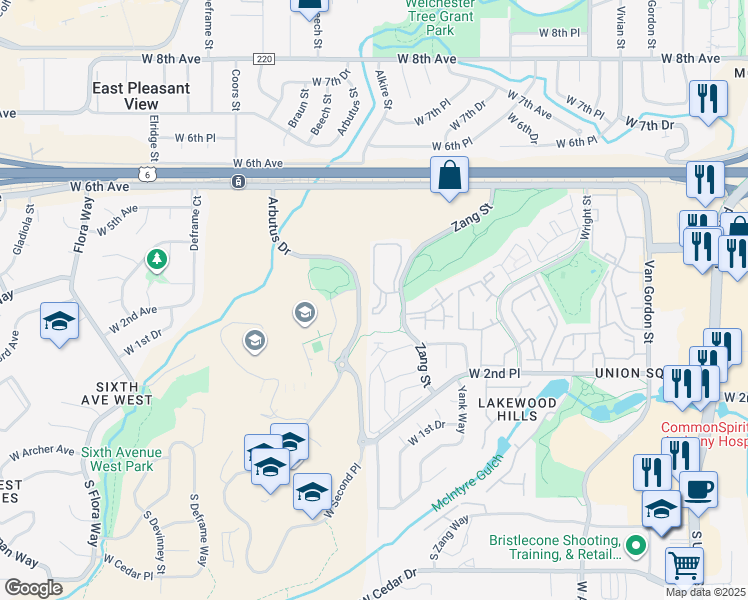 map of restaurants, bars, coffee shops, grocery stores, and more near 407 Zang Street in Lakewood