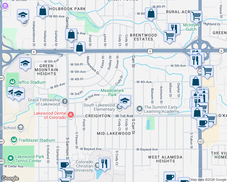 map of restaurants, bars, coffee shops, grocery stores, and more near 8601 West 2nd Avenue in Lakewood