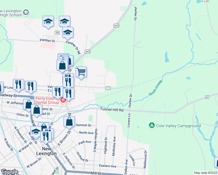 map of restaurants, bars, coffee shops, grocery stores, and more near 600 Po Box in New Lexington