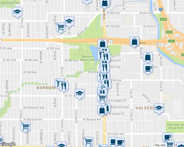 map of restaurants, bars, coffee shops, grocery stores, and more near 274 Hazel Court in Denver