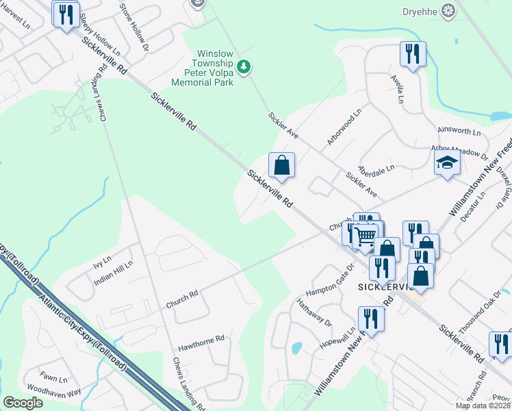 map of restaurants, bars, coffee shops, grocery stores, and more near 12 Camino Court in Sicklerville