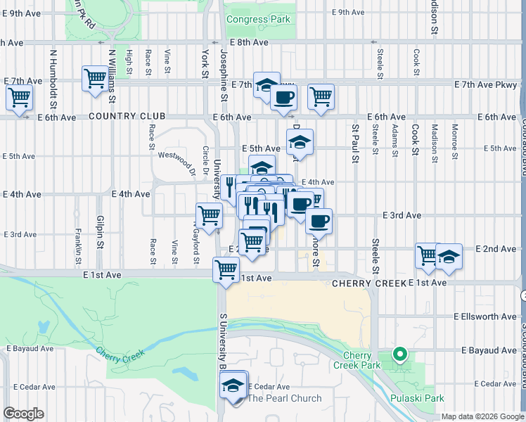 map of restaurants, bars, coffee shops, grocery stores, and more near 320 Columbine Street in Denver