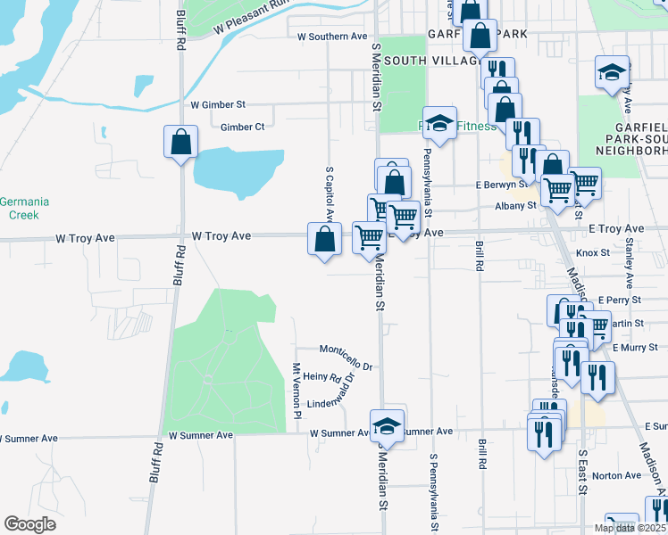 map of restaurants, bars, coffee shops, grocery stores, and more near 124 Tri Sab Lane in Indianapolis