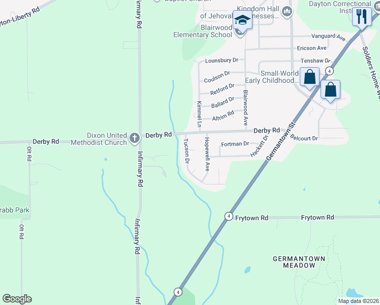 map of restaurants, bars, coffee shops, grocery stores, and more near 5118 Robb Court in Dayton