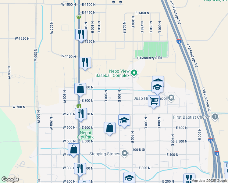 map of restaurants, bars, coffee shops, grocery stores, and more near 262 E 900 N in Nephi