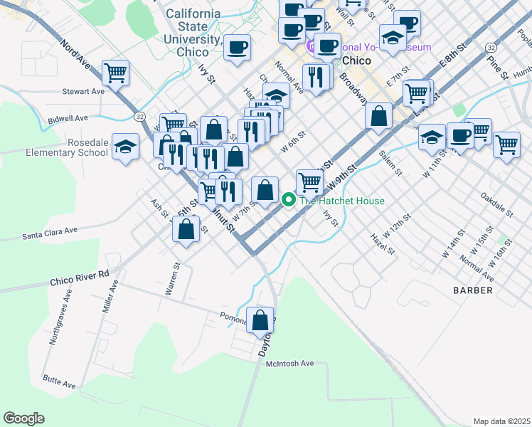 map of restaurants, bars, coffee shops, grocery stores, and more near 744 Orange Street in Chico