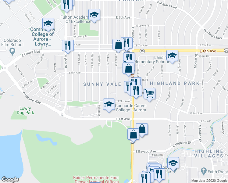 map of restaurants, bars, coffee shops, grocery stores, and more near 383 Geneva Street in Aurora
