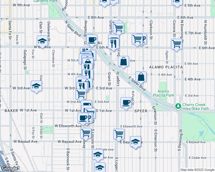 map of restaurants, bars, coffee shops, grocery stores, and more near 320 Grant Street in Denver