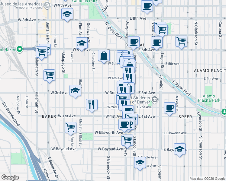 map of restaurants, bars, coffee shops, grocery stores, and more near 329 Acoma Street in Denver