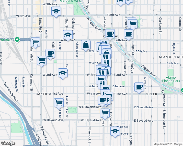 map of restaurants, bars, coffee shops, grocery stores, and more near 329 Acoma Street in Denver