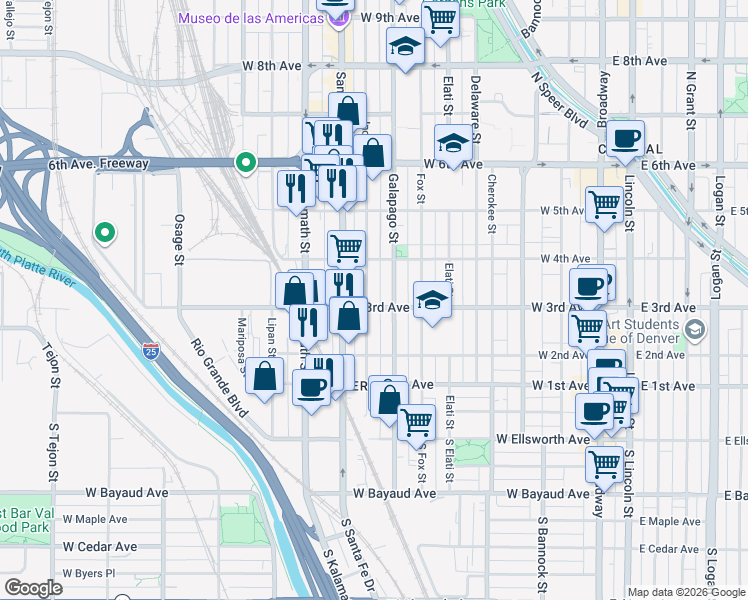 map of restaurants, bars, coffee shops, grocery stores, and more near 329 Galapago Street in Denver