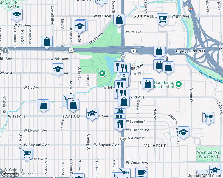 map of restaurants, bars, coffee shops, grocery stores, and more near 274 Hazel Court in Denver