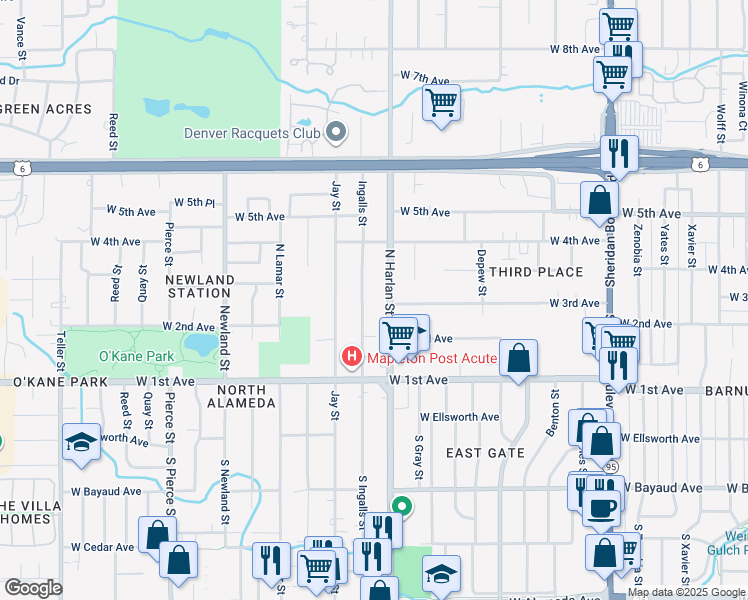 map of restaurants, bars, coffee shops, grocery stores, and more near 319 North Harlan Street in Lakewood