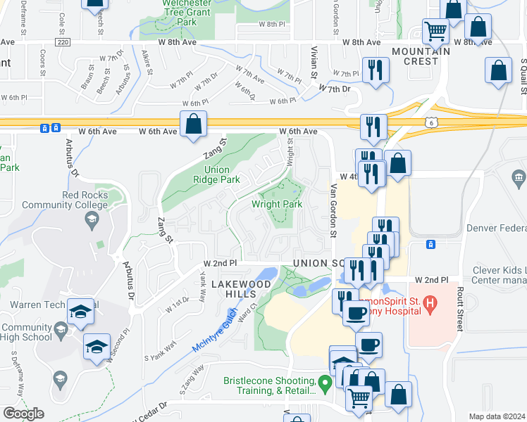 map of restaurants, bars, coffee shops, grocery stores, and more near 422 Wright Street in Lakewood